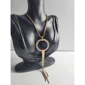 Gold‎ Tone Pave Crystal Circle Tassel Long Necklace Statement Jewelry Adjustable